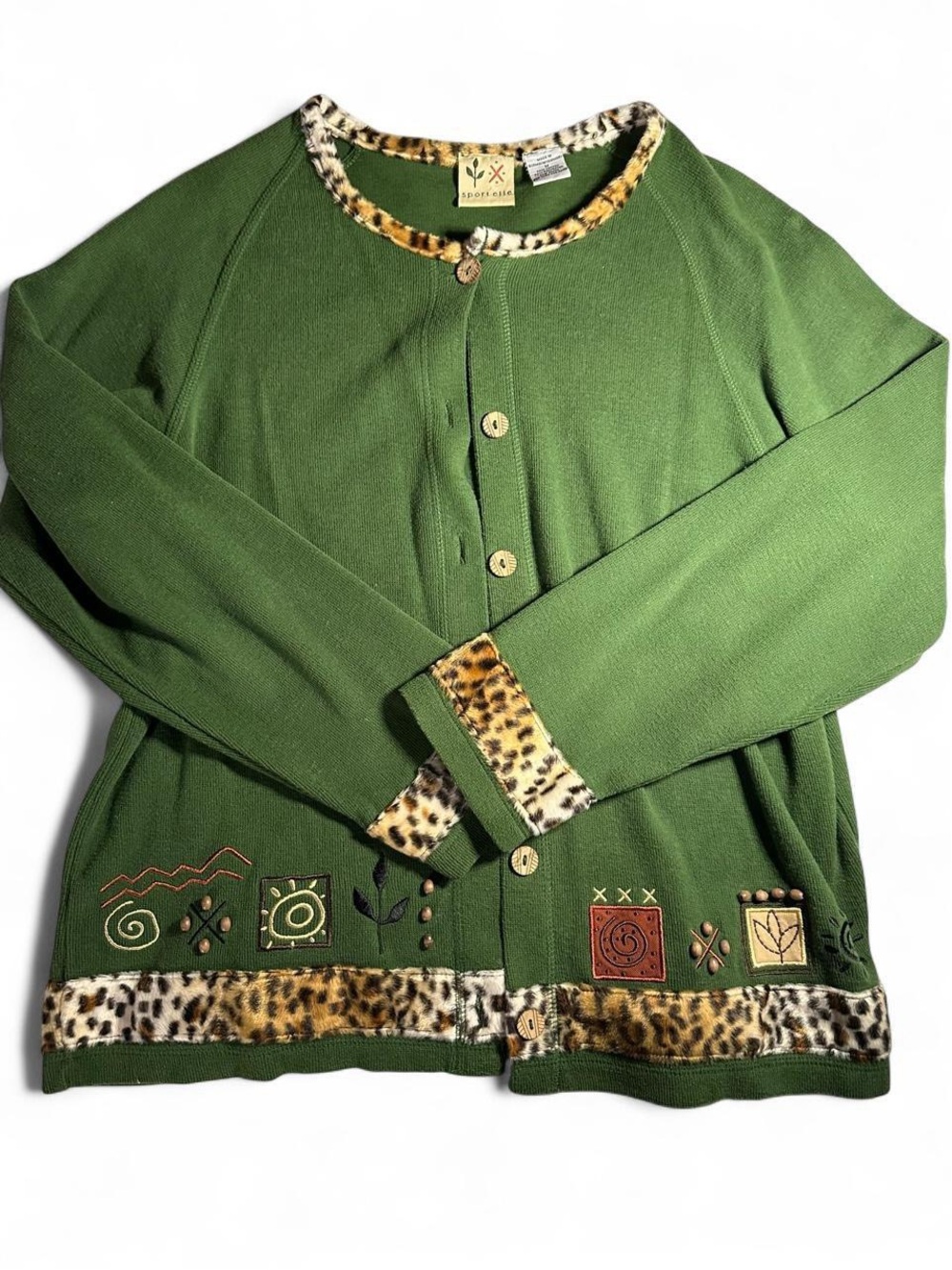 Sportelle Green Cardigan with Leopard Trim and Embroidered Accents